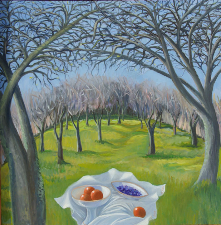 Peinture intitulée "Verger printemps" par Gabriela Radu, Œuvre d'art originale