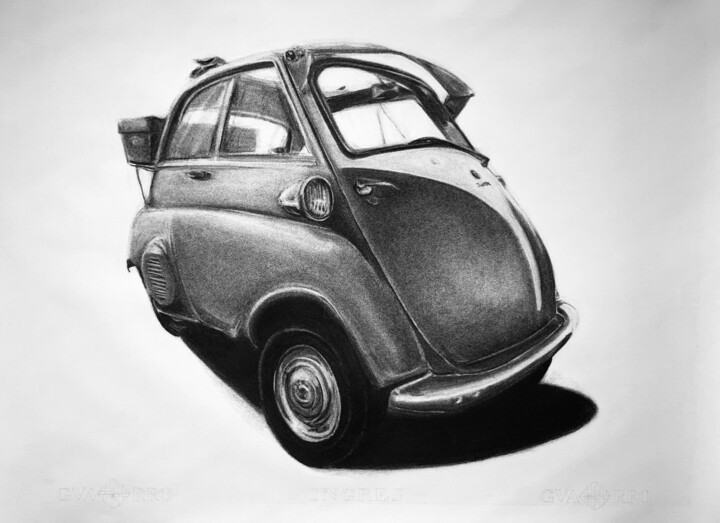 Tekening getiteld "BMW ISETTA 1962" door Gabriel López Campos, Origineel Kunstwerk, Houtskool