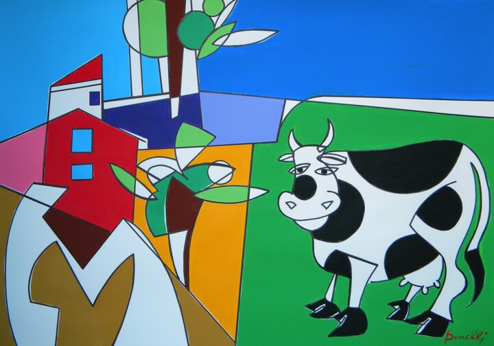 Pintura titulada "Paysage avec la vac…" por Gabriele Donelli, Obra de arte original, Acrílico