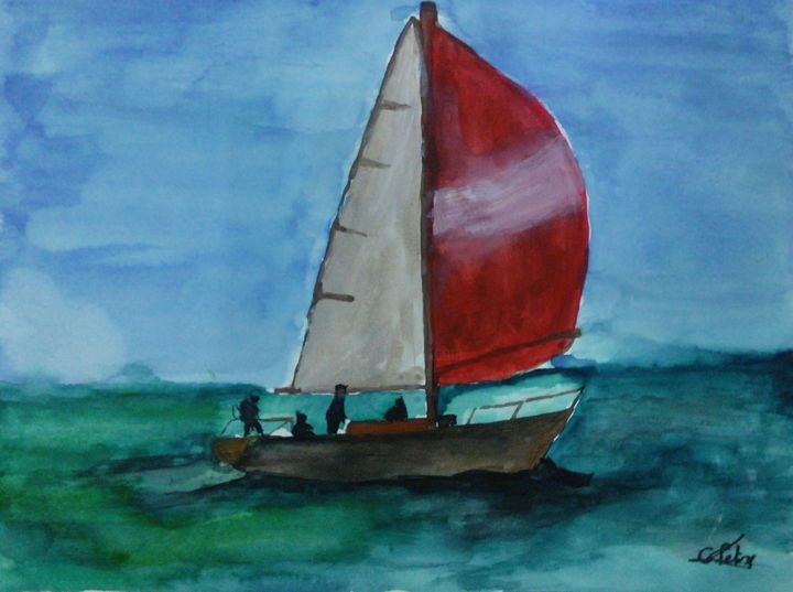 Pintura titulada "the kid boat" por Gabriel Felix, Obra de arte original, Acuarela