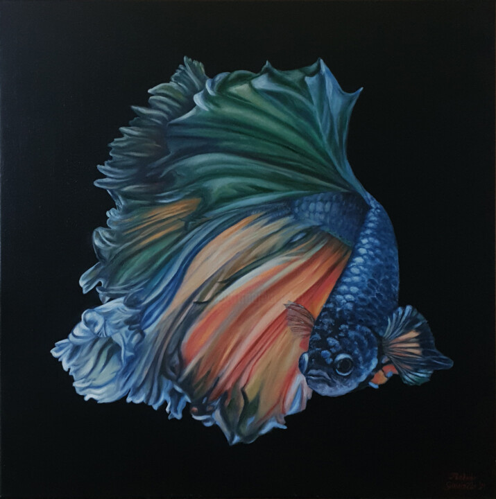 Painting titled "Betta Fish,  Handma…" by Gabriella Molnár, Original Artwork, Oil Mounted on Wood Stretcher frame