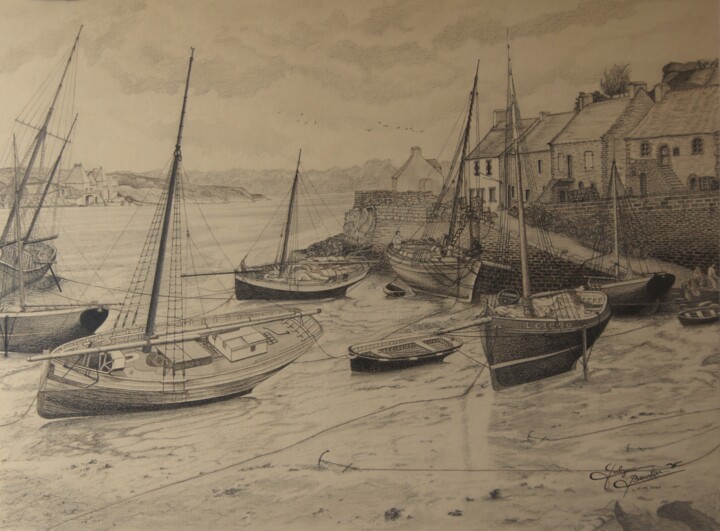 Drawing titled "Basse mer au Vieux…" by Gaby Bourlier, Original Artwork, Pencil