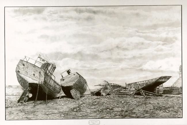 Dessin intitulée "Cimetière de bateau…" par Gaby Bourlier, Œuvre d'art originale, Graphite Monté sur Panneau de bois