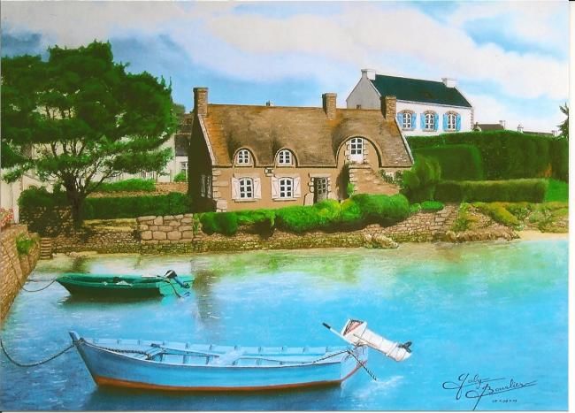 Tekening getiteld "Sur la rivière d'Et…" door Gaby Bourlier, Origineel Kunstwerk, Pastel Gemonteerd op Houten paneel