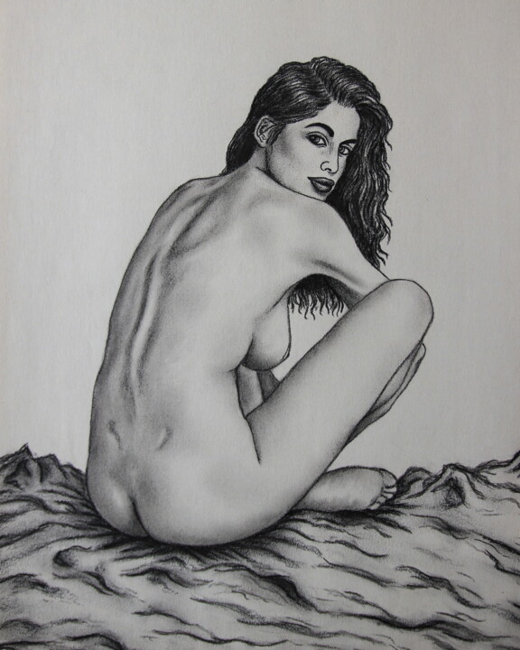 Drawing titled "Nu assis" by Gael Poezevara, Original Artwork, Charcoal