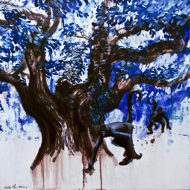 Peinture intitulée "Singes bleus" par Gaele Flao, Œuvre d'art originale