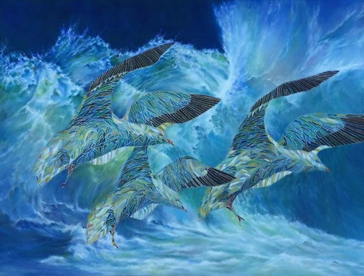 Peinture intitulée "mosaics birds" par Keryagune, Œuvre d'art originale, Huile