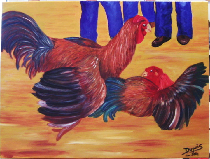 Painting titled "COMBAT DE COQ" by Dupuis Gaetan, Original Artwork, Acrylic