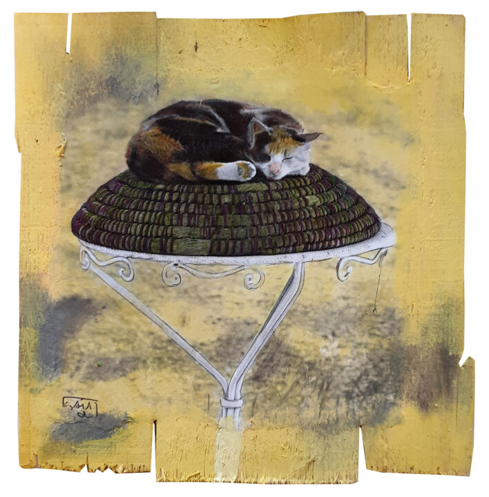 Fotografie mit dem Titel "Le sommeil du chat" von Gaïa Du Rivau, Original-Kunstwerk, Manipulierte Fotografie Auf Holzplatte…