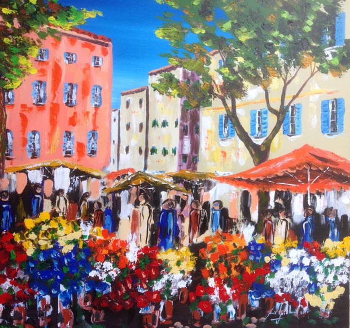 Malarstwo zatytułowany „le marché aux fleur…” autorstwa Jean-Louis Gaillard, Oryginalna praca, Akryl Zamontowany na Drewnian…