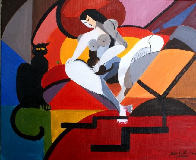 Peinture intitulée "la dame aux félins" par Jean-Louis Gaillard, Œuvre d'art originale, Huile Monté sur Châssis en bois