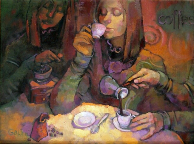 Картина под названием "Вечерний кофе" - Gala Sorokhan, Подлинное произведение искусства, Масло