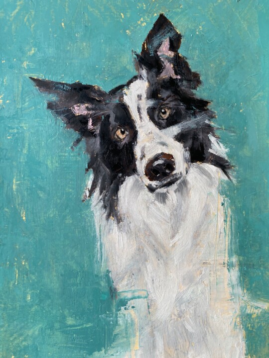 Painting titled "Collie" by Galah Viviana, Original Artwork, Oil Mounted on Wood Panel