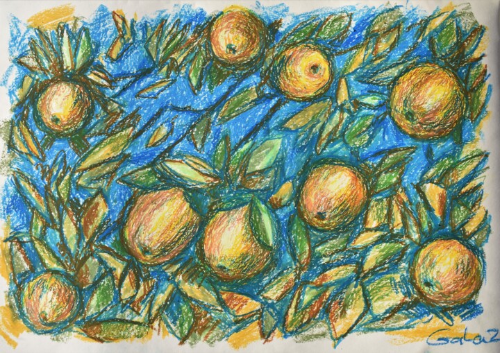 Drawing titled "Golden Apples" by Galina Zulkarniaeva, Original Artwork, Pastel Mounted on Wood Panel