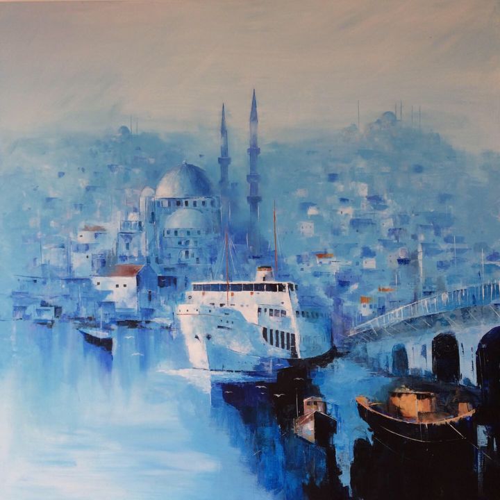 Schilderij getiteld "MAVİ İSTANBUL" door Galeri Bizon, Origineel Kunstwerk, Acryl