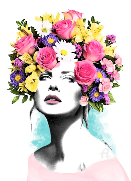 Artes digitais intitulada "Floral Rosa Azul" por Paula Machado, Obras de arte originais, Pintura digital