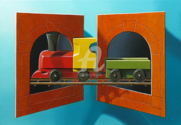 Painting titled "« Train insolite n°…" by Galerie De  Parrhasios, Original Artwork, Oil Mounted on Wood Stretcher frame