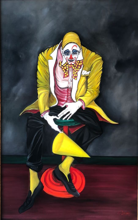 Peinture intitulée "clown-assis-sur-tab…" par Thierry Ligismond, Œuvre d'art originale, Huile