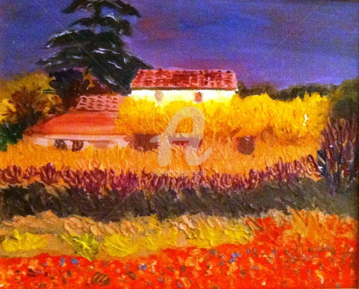 Картина под названием "Ma ferme en Provence" - Arlette Flécher, Подлинное произведение искусства, Масло