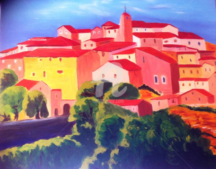 「Le village rouge」というタイトルの絵画 Arlette Flécherによって, オリジナルのアートワーク, オイル