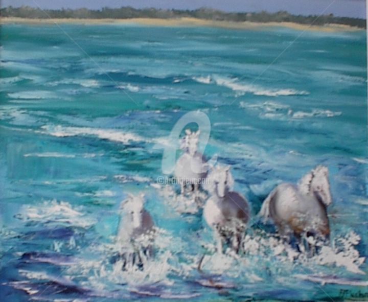 Painting titled "Galop dans les vagu…" by Arlette Flécher, Original Artwork, Oil