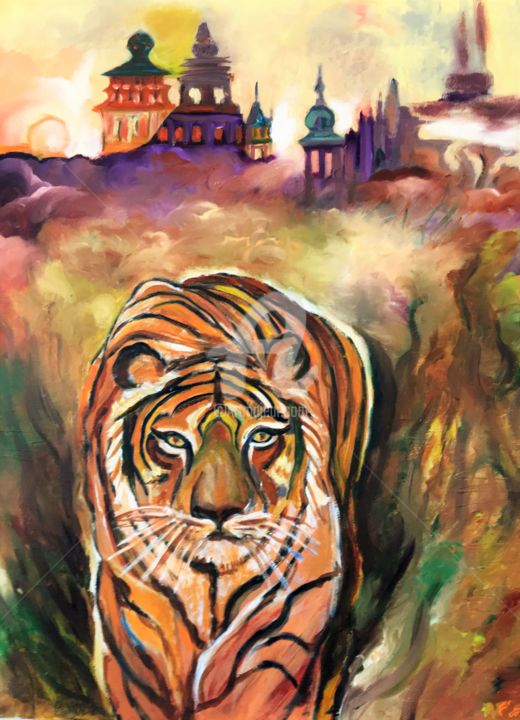 Painting titled "Le tigre" by Arlette Flécher, Original Artwork, Oil