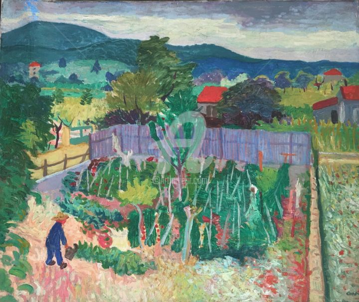 Painting titled "Le jardin - signé H…" by Arlette Flécher, Original Artwork, Oil