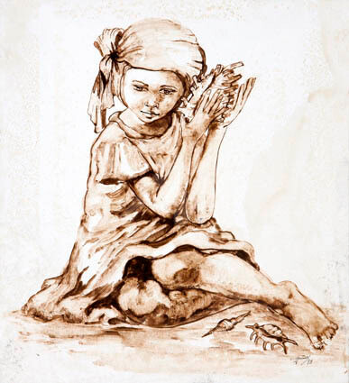 Pittura intitolato "enfant-au-coquillag…" da Chantal Grimb', Opera d'arte originale, Inchiostro