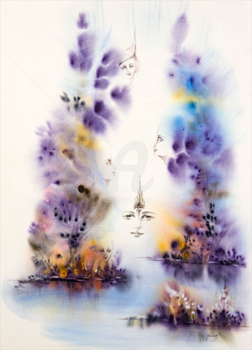 Malerei mit dem Titel "reincarnation-56x76…" von Chantal Grimb', Original-Kunstwerk, Aquarell