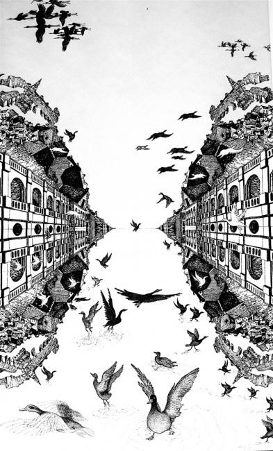 Ville Aux Oiseaux Drawing By Jean Kerinvel Artmajeur