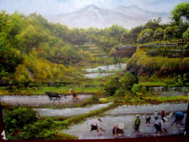 Painting titled "javanese ricefields" by Yongkie, Original Artwork, Oil