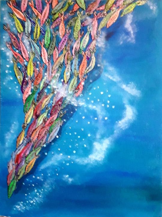 Картина под названием "Неоновые рыбки" - Галина Абышева, Подлинное произведение искусства, Акрил