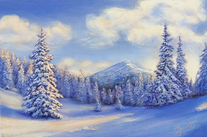 Картина под названием "Winter in the Carpa…" - Galina Grygoruk, Подлинное произведение искусства, Акрил Установлен на Деревя…