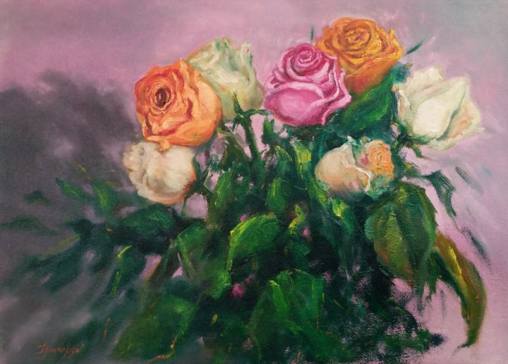 Painting titled "Roses" by Galina Grygoruk, Original Artwork, Oil Mounted on Wood Panel