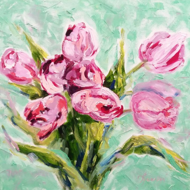 Painting titled "Dancing Tulips II" by Galina Grygoruk, Original Artwork, Oil Mounted on Wood Panel