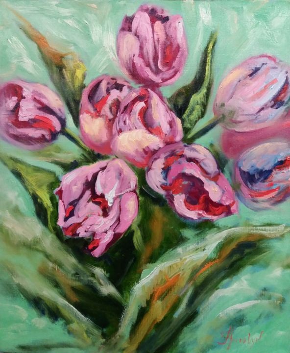 Картина под названием "Dancing Tulips" - Galina Grygoruk, Подлинное произведение искусства, Масло