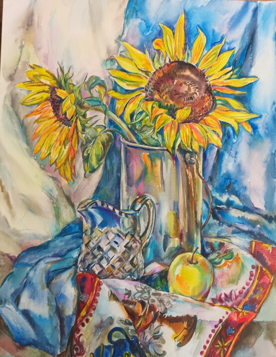 Painting titled "Still life.Sunflowe…" by Galina Hannemann, Original Artwork, Watercolor