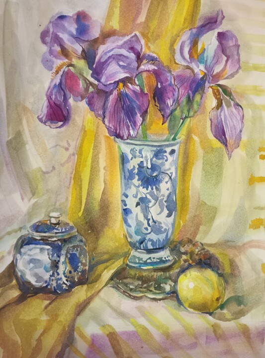 Картина под названием "Still life.Irises i…" - Galina Hannemann, Подлинное произведение искусства, Акварель