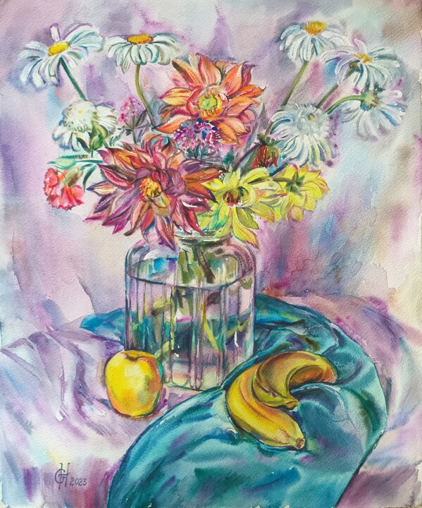 Painting titled "Still life.Bouquet…" by Galina Hannemann, Original Artwork, Watercolor