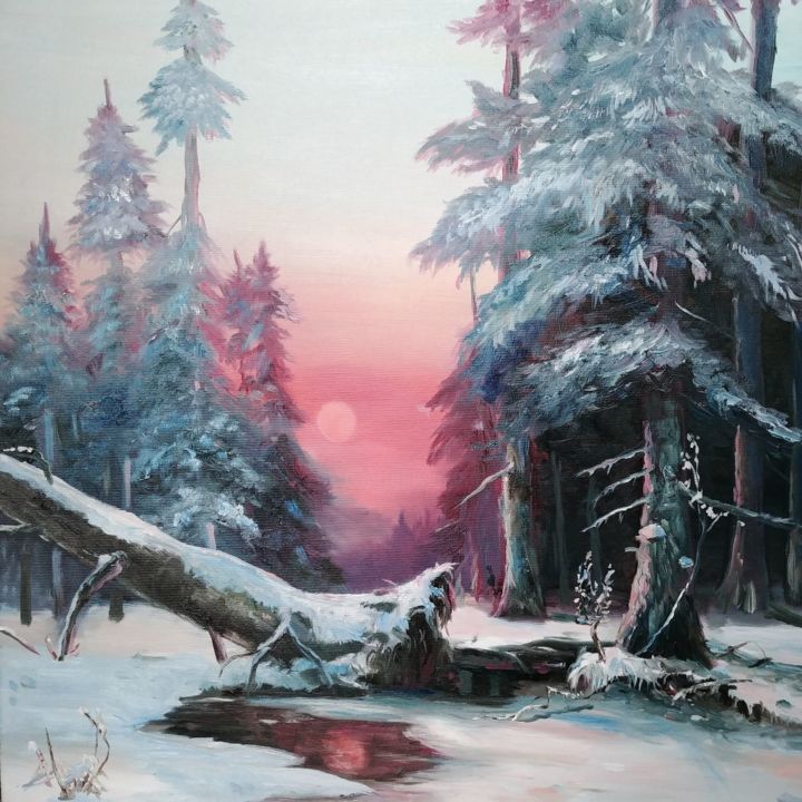 Painting titled "Winter forest on su…" by Galina Morozova, Original Art, Oil