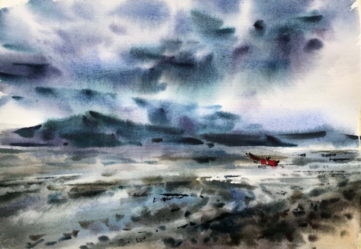 Painting titled "Red boat" by Galina Poloz, Original Artwork, Watercolor