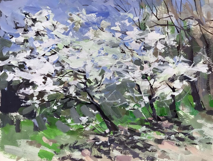 Pittura intitolato "Spring cherry trees" da Galina Poloz, Opera d'arte originale, Tempera