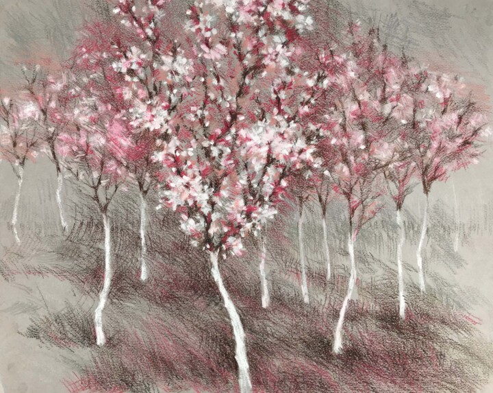 Painting titled "Spring peach garden" by Galina Poloz, Original Artwork, Pastel