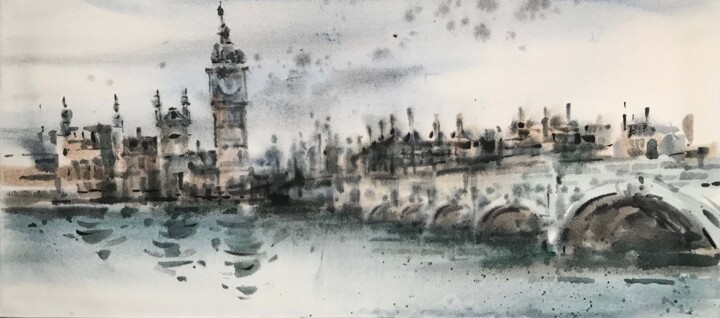 Peinture intitulée "London cityscape" par Galina Poloz, Œuvre d'art originale, Aquarelle