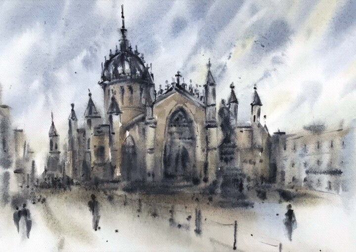 Painting titled "St. Giles' Cathedra…" by Galina Poloz, Original Artwork, Watercolor