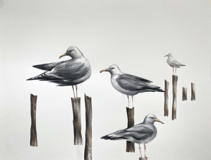 Pintura intitulada "Seagulls" por Galina Poloz, Obras de arte originais, Aquarela