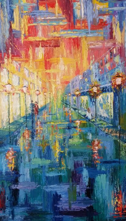Painting titled "SUNSET IN THE CITY" by Galina N, Original Artwork, Oil