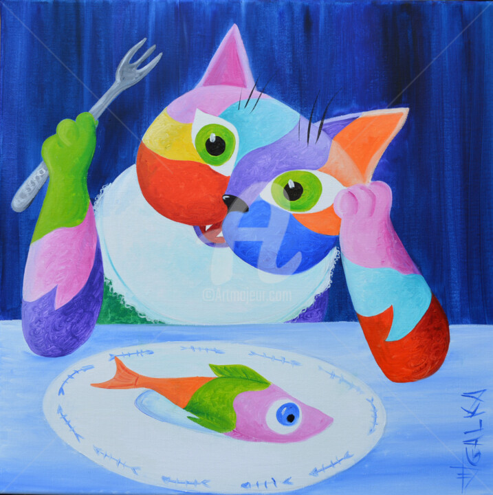 Peinture intitulée "DREAMER (chat)" par Galka, Œuvre d'art originale, Huile Monté sur Châssis en bois