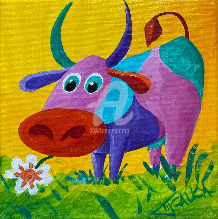 Painting titled "Petite vache (v12)" by Galka, Original Artwork, Oil Mounted on Wood Stretcher frame