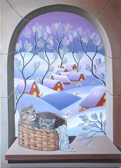 Painting titled "INVERNO CON GATTINI" by Galleria Arte-Vera, Original Artwork, Oil